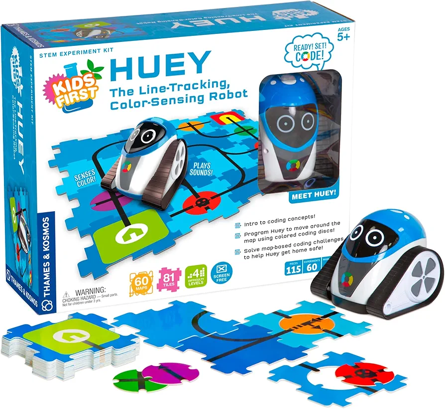 Thames & Kosmos Huey: The Line-Tracking, Color-Sensing Robot | Screen-Free Coding & Robotics Kit for Ages 5+ | Pre-Built Robot w/Color Sensor, Puzzle-Shaped Coding Discs | No Smart Device Required