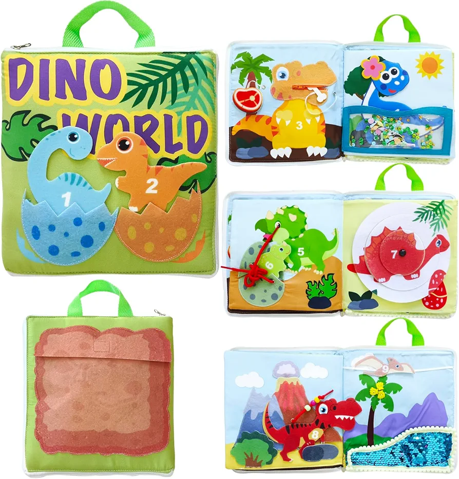 Quiet Books - 8 pages dinosaur theme childrens interactive books, Soft Baby book Touch and feel Cloth Book, Fabric books Activity for Toddlers, Learning to Sensory Book ,Busy Book((Dino World Book))