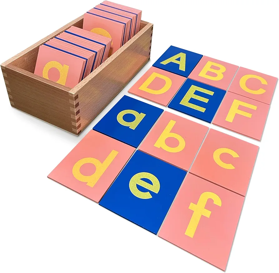 Montessori Sandpaper Letters | Lowercase and Uppercase | PP Wood Tiles | Vowel Consonant Color Coded | includes Storage Box