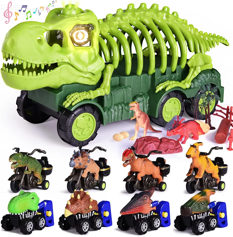 25 IN 1 Dinosaur Truck Toys for Kids 3-5 Years, Tyrannosaurus Transport Car Carrier Truck with 8 Dino Figures, Activity Play Mat, Dinosaur Eggs, Capture Jurassic Dinosaur Play Set for Boys Girl