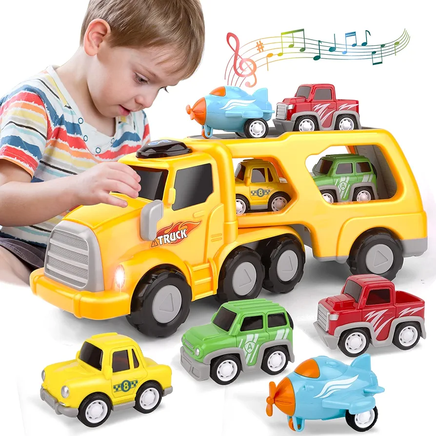 5 in-1 Toy Trucks for Boys,Toddler Toys for 1 2 3 4 5 6 Year Old Girls and Boys,Big Transport Truck with 4 Small Pull Back Cars,Carrier Truck Toy with Sound and Light,Birthday Gifts for Girls and Boys