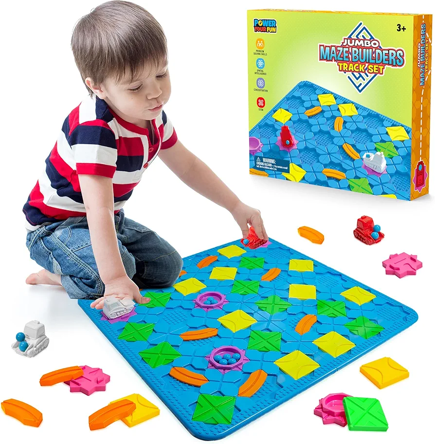 Power Your Fun Jumbo Maze Builder Track Set- 46pc Logical Road Builder Puzzle Board Game, Building STEM Toys, 206 Brain Games Puzzles for Kids, 21” Car Track Playset, Learning Game Educational Toys 3+