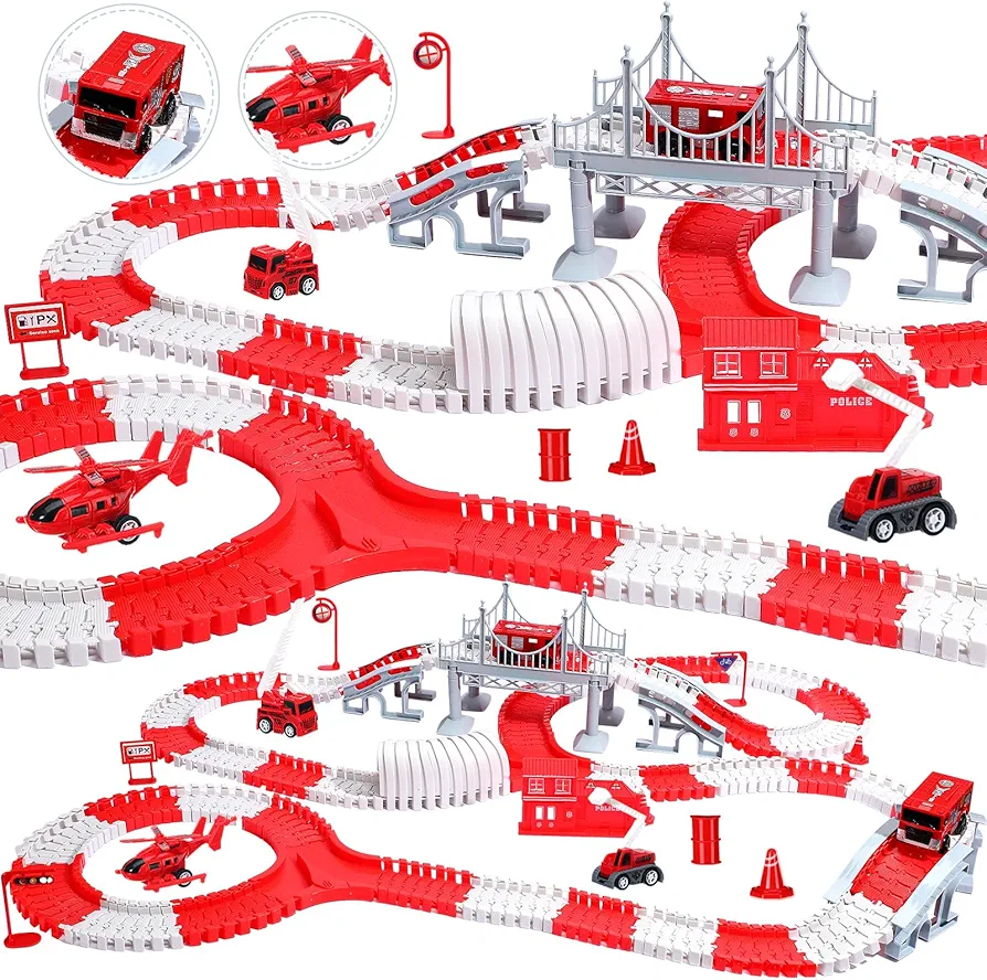 342 Pcs Fire Rescue Vehicle Racetrack Set Speedway Race Fire Car Truck Toys Fire Engine Toddler Car Toys 2 Electric Fire Trucks and Flexible Race Track for Boys Girls Ages 4,5, 6,7 and 8+