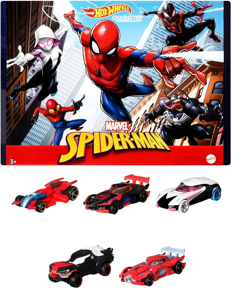 Hot Wheels Marvel Spider-Man Toy Cars 5-Pack in 1:64 Scale, Set of 5: Spider-Man, Proto-Suit Spider-Man, Miles Morales, Spider-Gwen & Venom