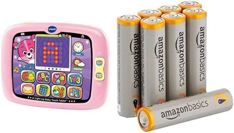 VTech Light-Up Baby Touch Tablet, Pink with Amazon Basics AAA Batteries Bundle