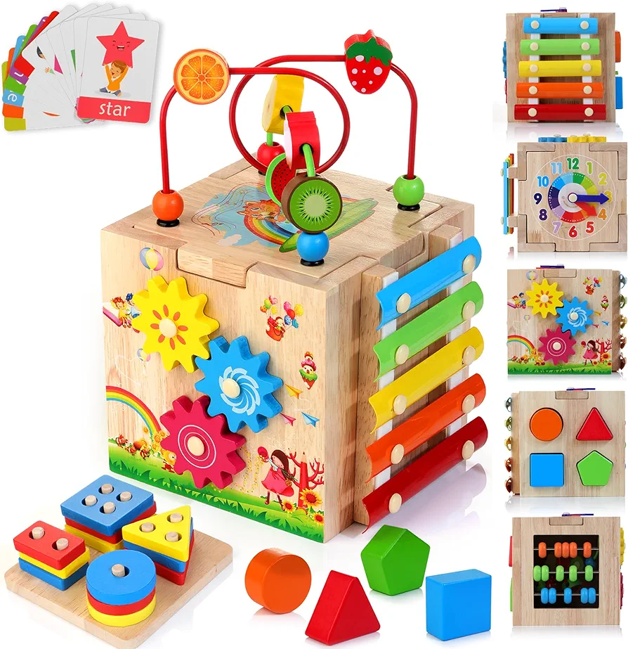 HELLOWOOD Wooden Activity Cube, 8-in-1 Montessori Toys for 1+ Year Old Boys & Girls, Educational Learning Toys for Toddlers Age 1-2, First Birthday Gift | Bonus Sorting & Stacking Board and Word Cards