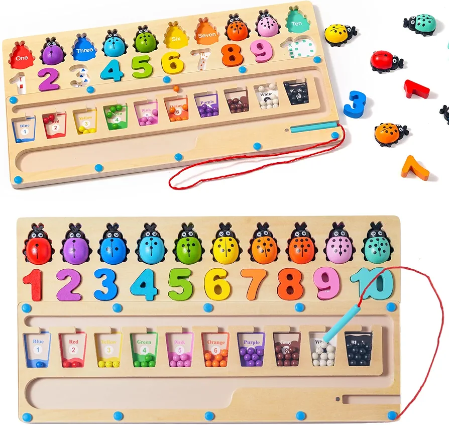 3 in 1 Montessori Wooden Counting Toy, Counting Ladybugs/Number Puzzles/Magnetic Color Number Maze for 2 3 4 5 Year Old, Preschool Learning Educational Toys for Boys Girls Toddlers