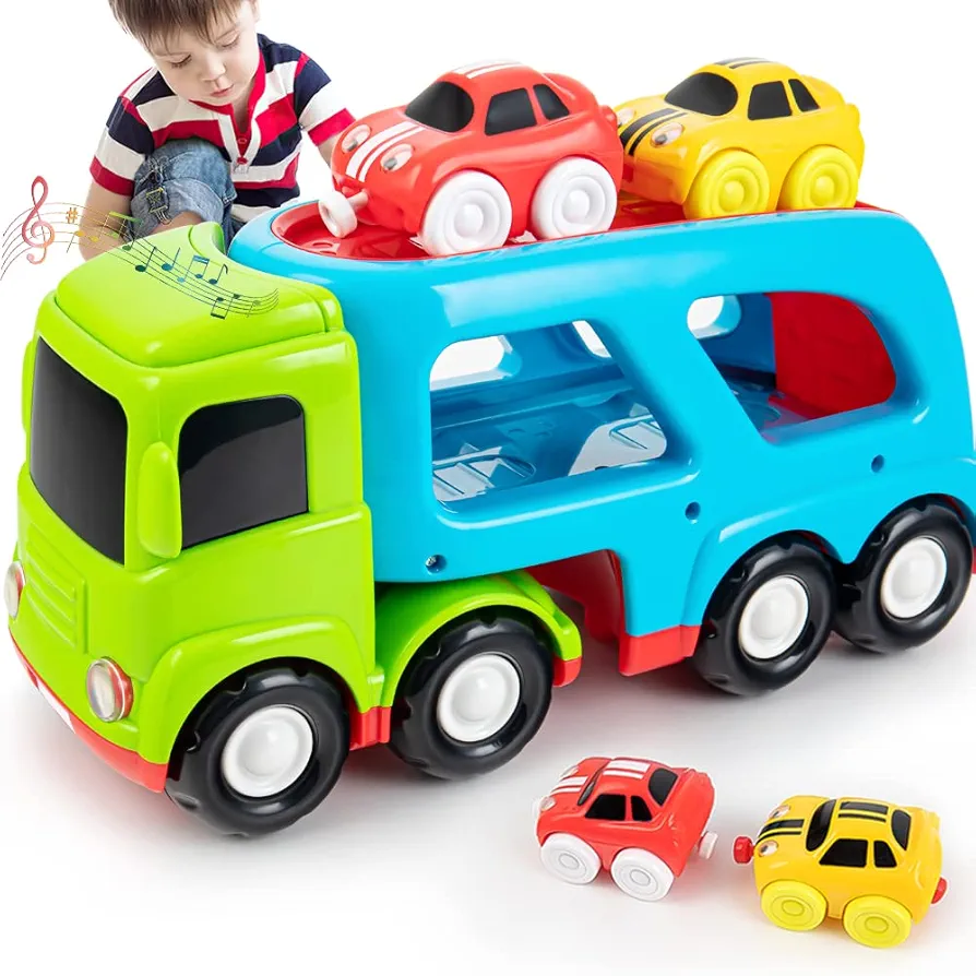 Car toys for 1 2 3 4 5 years old toddlers, large transport truck and 2 small cartoon magnetic racing cars, transport truck with sounds and lights, best gift for boys and girls