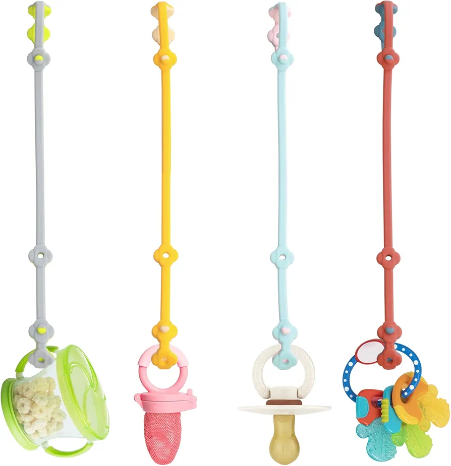 Toy Safety Straps 4PK Stretchable Silicone Pacifier Clips Baby Toddler Teether Bottle Harness Straps for Strollers,High Chair,Shopping Cart,Cribs,Exersaucer