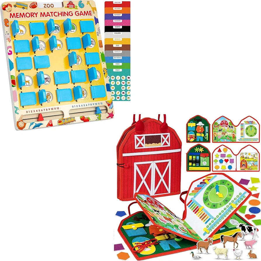 Birthday Gifts for Toddlers 1 2 3 Year Old, Matching Memory Game & Toddler Busy Board Montessori Toys, Travel Toys for Airplane Car, Road Trip Essentials for Kids Boys Girls