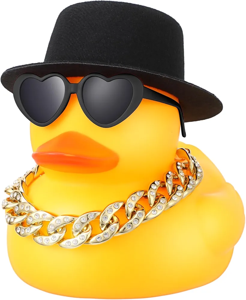 Honoson 6.89 Inches Giant Rubber Duck with Hat Necklace and Sunglasses Large Yellow Car Ornaments Duck Squeaky Ducking Rubber Duckies for Dashboard Decorations Bath Toy (Classical)