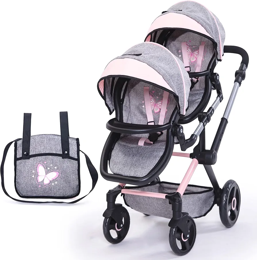 Bayer Design Dolls: Xeo Twin Pram - Butterfly Grey & Pink - Matching Handbag, Adjustable Handle, for Dolls Up to 20"