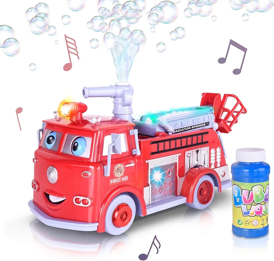 ArtCreativity Bubble Blowing Fire Engine Toy Truck for Kids - Awesome Light Up LED and Siren Effects - Bubble Solution with Funnel Included - Best Birthday Gift for Boys and Girls 5+