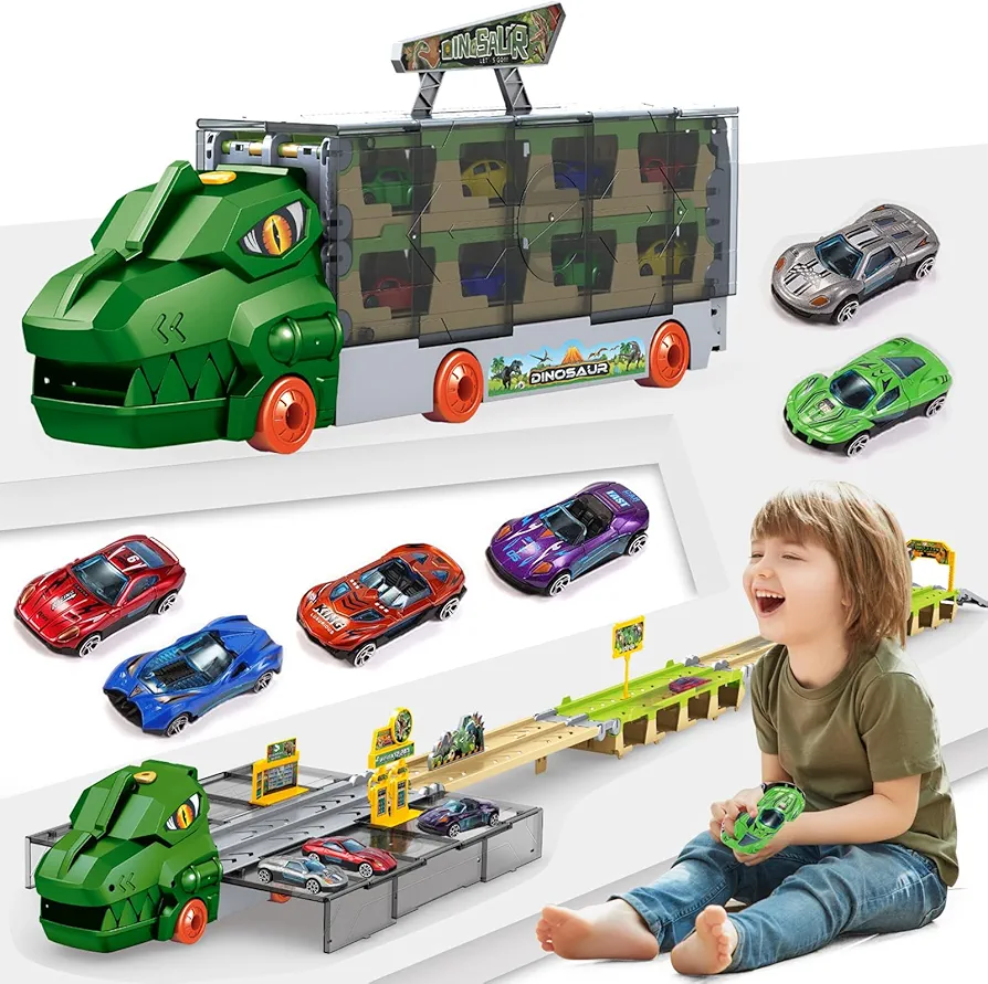 Car Carrier Toy for Kids with 82 Inch Race Track and 6 Alloy Mini Race Cars，Car Toys for Boys 3-5 Years Old，Mega Hauler Truck with Ejection Race Track for Boys Age 4-7，Great Gift for Boys & Girls