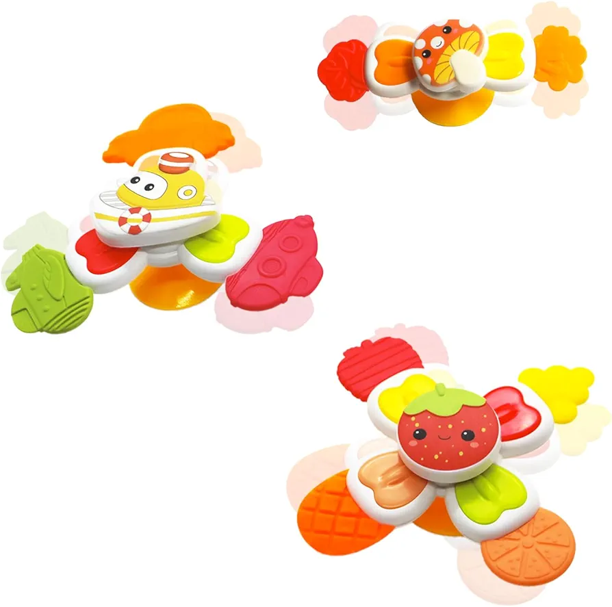 3PCS Suction Cup Spinner Toy for Toddlers，Baby Bath Toys Spinning Toys, Sensory Toys Early Education Toys Birthday Gifts for Infant (Fruit)