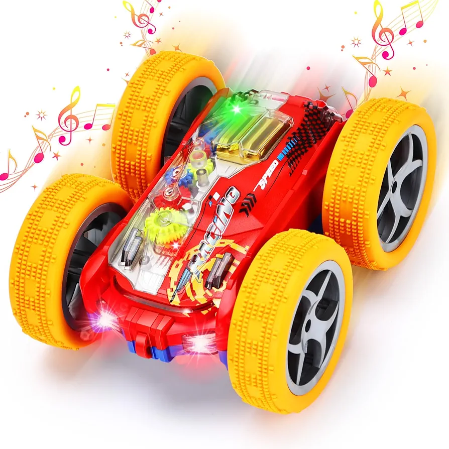 Light Up Toy Cars for Toddlers,Transparent Gear Car Toy for Kids with Cool Light and Double-Sided Flip,Educational Crawling Sensory Car Toys for Baby Christmas Birthday Gifts for Boys and Girls (Red)