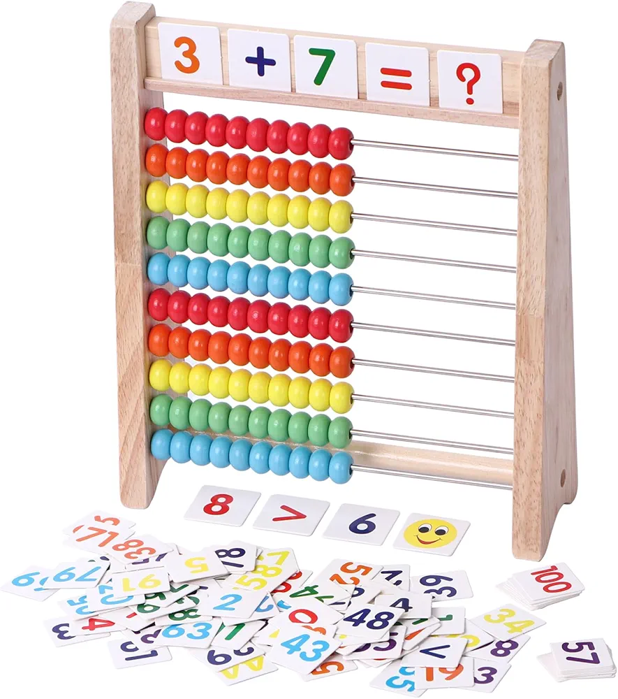 Educational Abacus for Kids Math - 10 Row Wooden Counting Frame with Number 1-100 Cards - Teach Counting, Addition and Subtraction, Preschool Learning Math Toys for Boys Girls Gift 3 4 5 Year Old