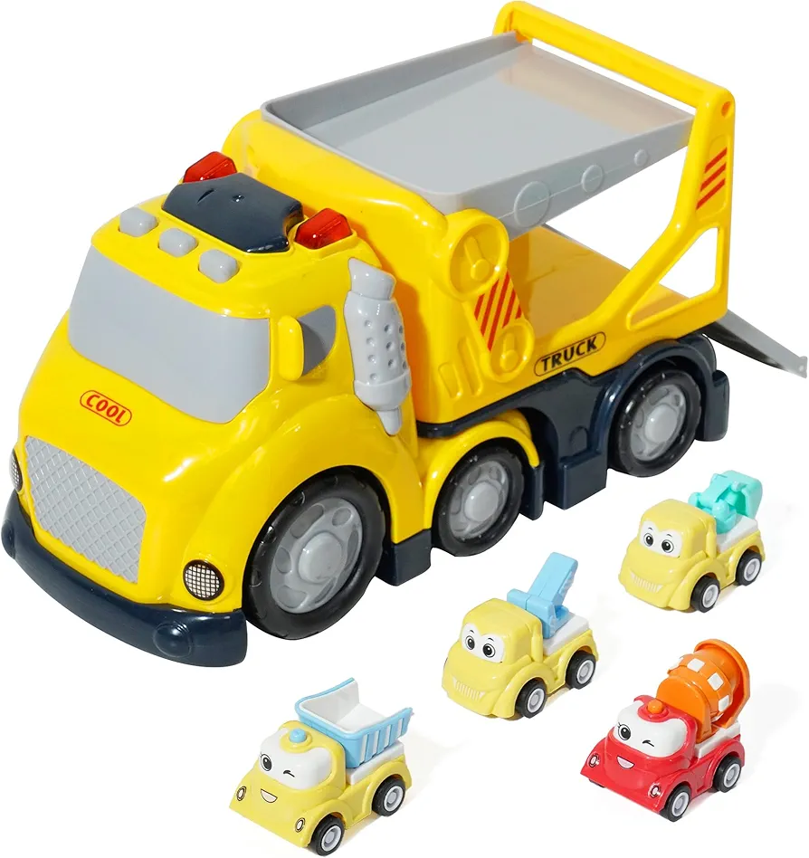 Construction Car Carrier Toys Set for 3 4 5 6 Years Old Toddlers Boys & Girls Gift, 4 Small Cartoon Cute Cars Trucks Crane Mixer Excavator Dump, Sound and Light Big Truck with Slide, 7.6*3.5*4.1 INCH