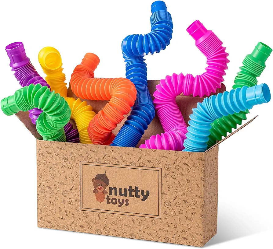 nutty toys 8 pk Pop Tubes Sensory Toys (Large) Fine Motor Skills Learning Toddler Toy for Kids Top ADHD Autism Fidget 2024 Best Preschool Boy Girl Gifts Idea Unique Christmas Toddler Stocking Stuffers