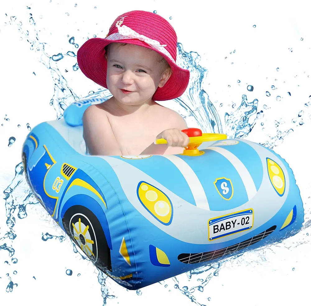 Baby Pool Float with Car Design, Heavy Duty PVC Inflatable Pool,Baby Swim Float with Steering Wheel, Infant Pool Float Toys for 12-18, 12-24 Months, Age 2-3 1-4 Years Girl Boy