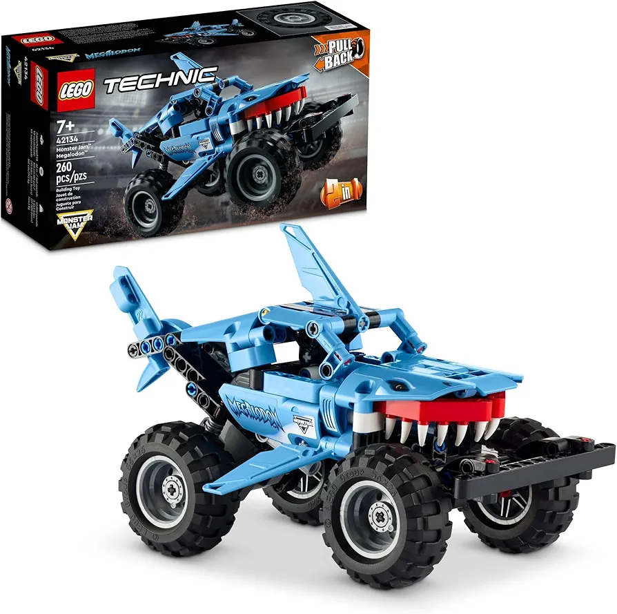 LEGO Technic Monster Jam Megalodon Building Set, 2 in 1 Pull Back Shark Truck to Lusca Low Racer Car Toy, DIY Building Toy Ideas for Outdoor Play for Kids, Boys, and Girls Ages 7 and Up, 42134