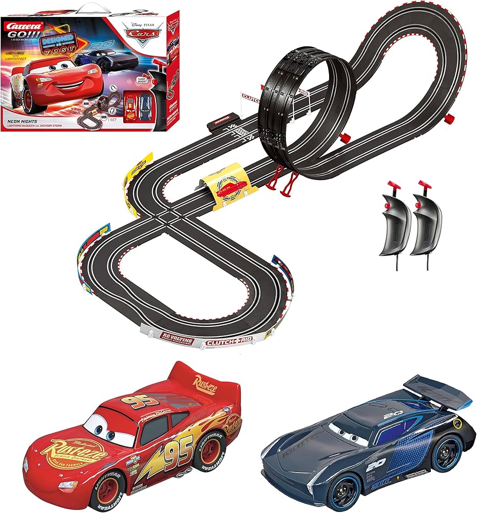 Carrera GO!!! 62477 Disney Pixar Cars Neon Nights Electric Slot Car Racing Kids Toy Race Track Set Includes 2 Controllers and 2 Cars in 1:43 Scale