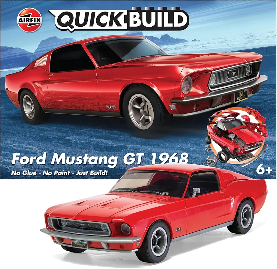 Airfix J6035 Quickbuild Plastic Model Car Kits - Ford Mustang GT 1968 - Easy Assembly Snap Together Model Kit, Classic Car for Adults & Kids to Build, Model Sports Car, Building Toys Set