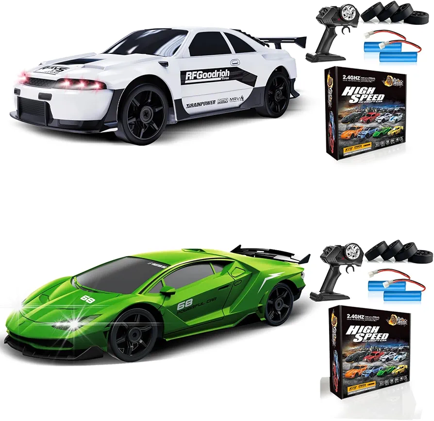 2PCS Remote Control Car RC Drift Car 2.4GHz 1:24 4WD 15KM/H High Speed Racing Sport Car with LED Lights Drifting Tire Racing Sport Toy for Adults Boys Girls Kids Gift 2Pcs Rechargeable Batteries