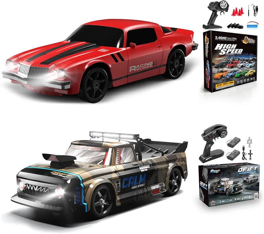 2 PCS RC Drift Car, RC Drift Car 1:24 Remote Control Car 4WD 15KM/H Remote Control Car and 1:12 Fast RC Car 2.4GHz 35KM/H High Speed Performance with Gyro Racing Car Gift for Adults Kids Boys Girls