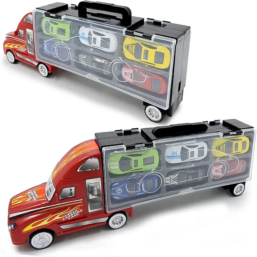 Toy Truck Transport Carrier Includes 6 Friction Powered Fast Racing Cars, Large Truck Rig Set with Collapsible Handle