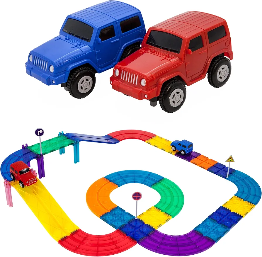 PicassoTiles 30 Piece Magnetic Race Track Toys Car Tracks Set for Toddlers Magnet Building Blocks Tiles Sensory Toys for Kids Include 2 Trucks STEM Engage in Thrilling Races age 3+ year old boys girls