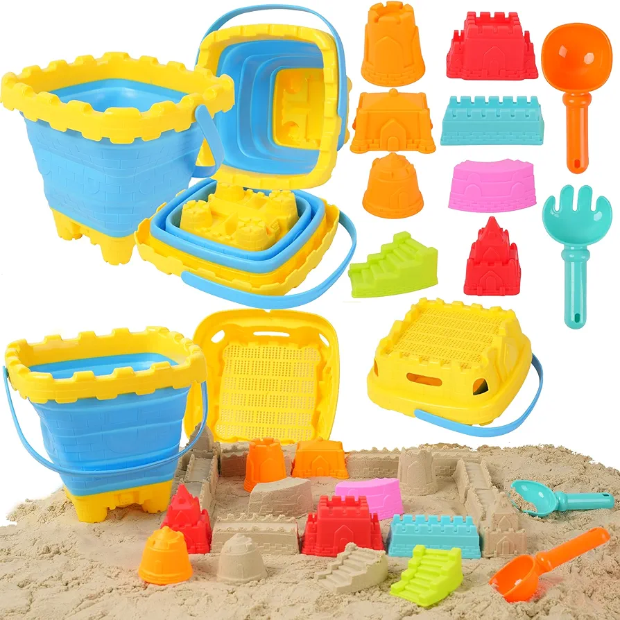 Beach Toys, Sand Toys Starter Set with Collapsible Beach Buckets and Shovels, Sand Sifter, Sand Castle Building Kit, Sand Molds, Travel Beach Sand Toys Sandbox Toys for Kids Toddlers Boys Girls Gifts