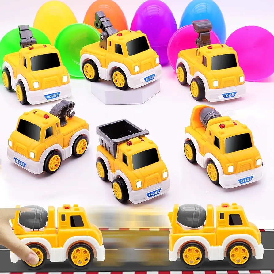 AMENON 6 Pack 3.8" Jumbo Easter Eggs Filled with Construction Pull Back Cars, Easter Eggs with Toys Inside Pull Back Vehicles Kids Toddlers Boys Girls Easter Basket Stuffers Fillers Hunt