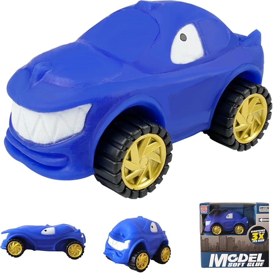 Toy Car for Toddlers 3-6 years old, Ultra Soft Squishy Cars Vehicle Toy for Kids, Elastic Silicone Stretch and Squeeze Stress Toys for Adults, Blue White