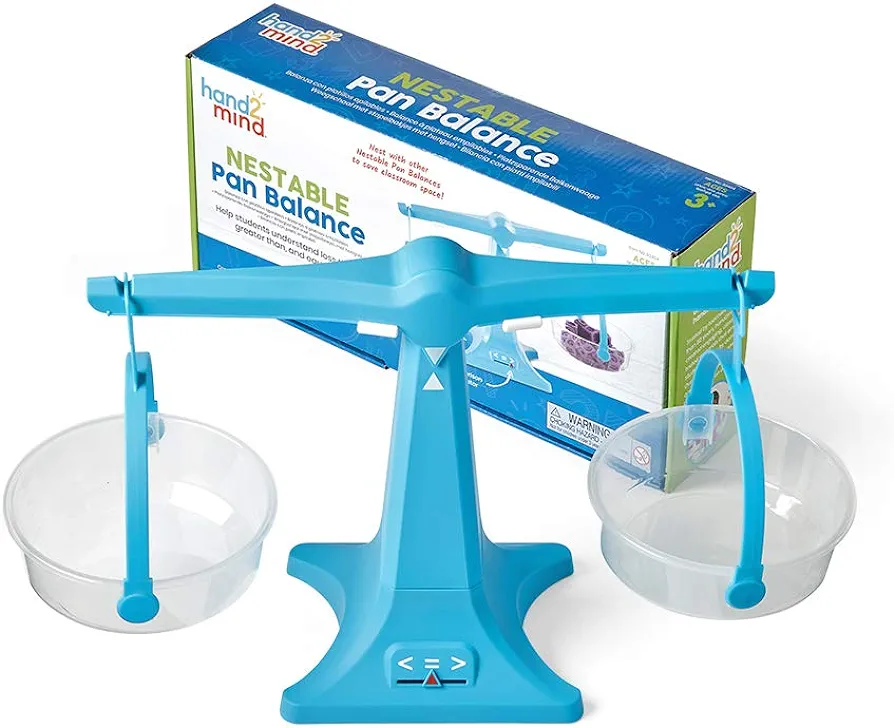 hand2mind Blue Nestable Pan Balance, Clear Double Balance Scale for Kids, Weight Scale for Liquids and Solids, Easy to Assemble, Space Saving Storage Base, Balance Scale for Classroom (Set of 1)