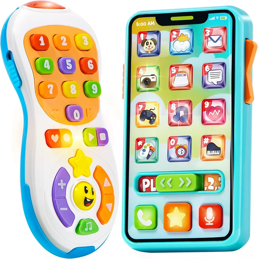 JOYIN Upgraded Toy Phone and Remote Control Set, 90+ Music and Learning Phrases, Baby Toys 6-12 Months, Toddler Birthday Gifts for 1 2 3+ Year Old Girs Boy Toys, Holiday Stocking Stuffers