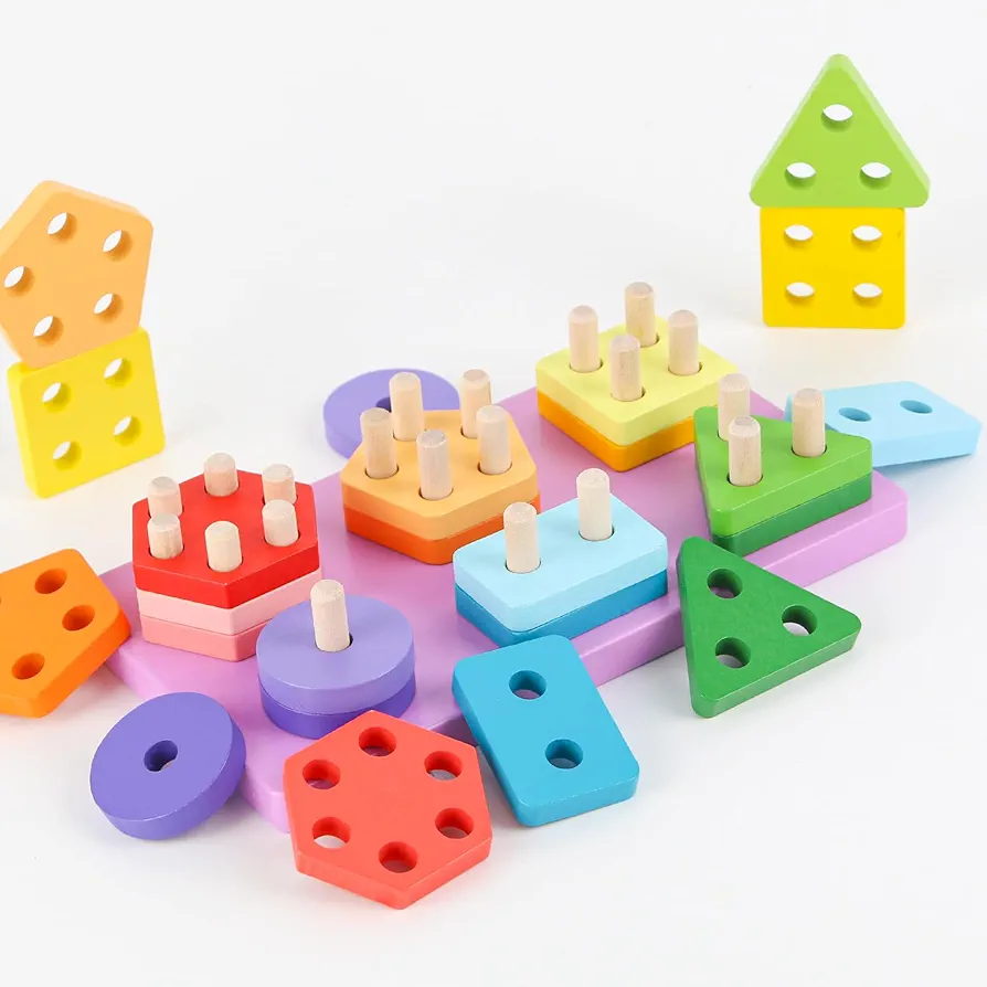 Montessori Toys for Toddler 1+ Years Old Wooden Sorting and Stacking Toy Shapes Puzzles Preschool Learning Educational Activity Fine Motor Skills, Best Gifts for Boys Girls