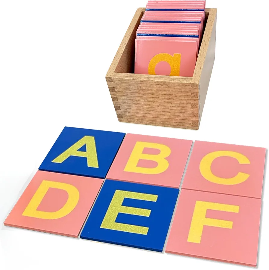 Montessori Sandpaper Letters | Uppercase | PP Wood Tiles | Vowel Consonant Color Coded | includes Storage Box