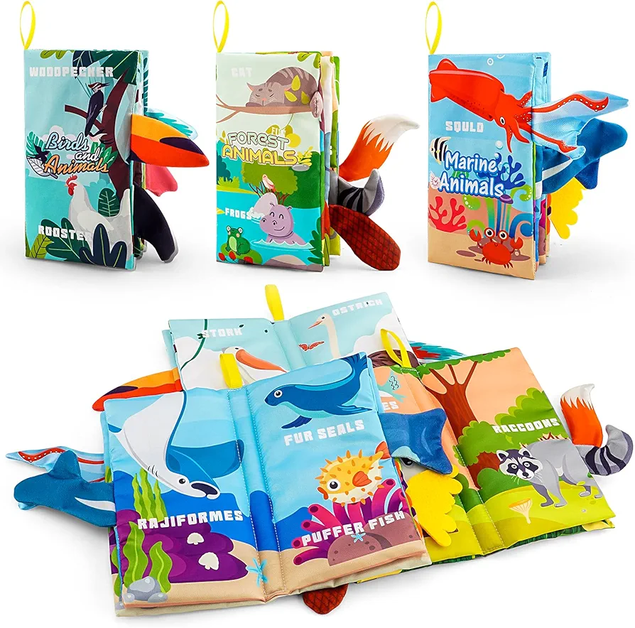 3PCS Soft Baby Cloth Bath Books,Montessori Toys for Babies Crinkly Books Toys 0-6-12-18 Months,Infant Newborn Tummy Time Touch Feel Book Sensory Toys,Baby Boy Girl Shower Gifts Stroller Toys