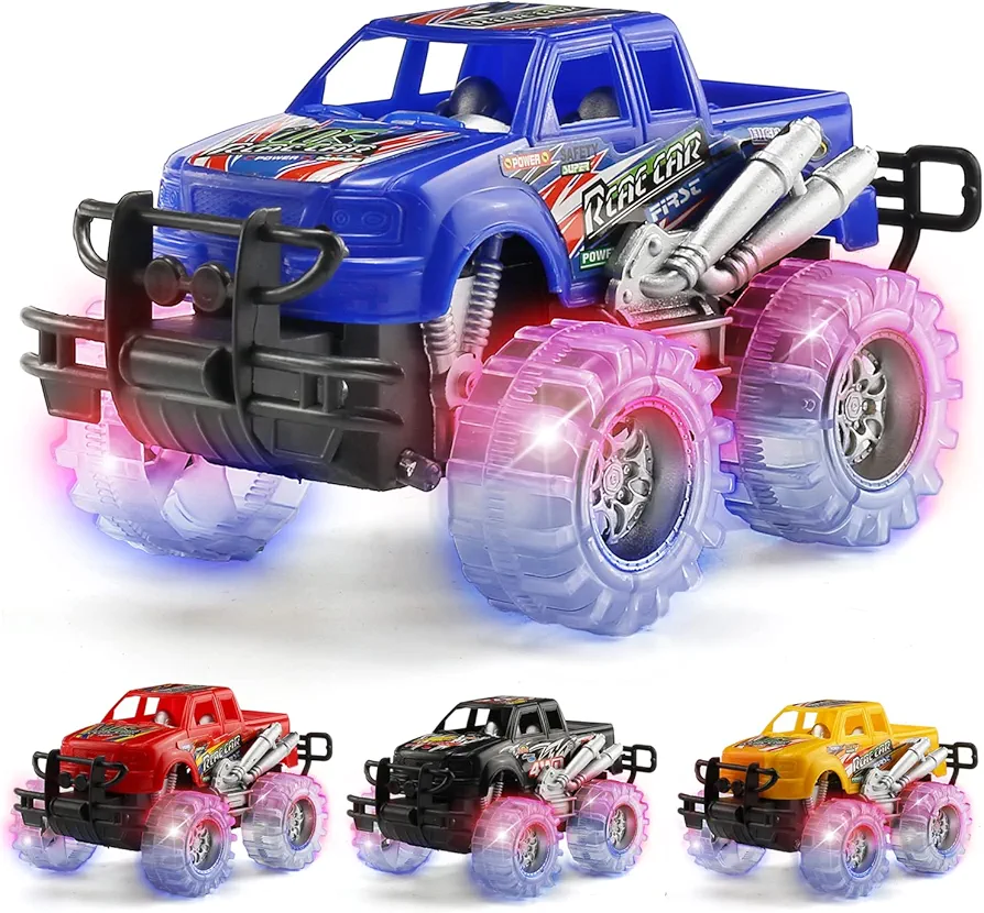 4 Pack 4 Colors Monster Truck Set with Light Up Flashing LED Wheels, Best Gift for Boy and Girl Age 3+ Years Old. Push n Go Car, Monster Car Toy for Kids Child Toddler Birthday Party Favors