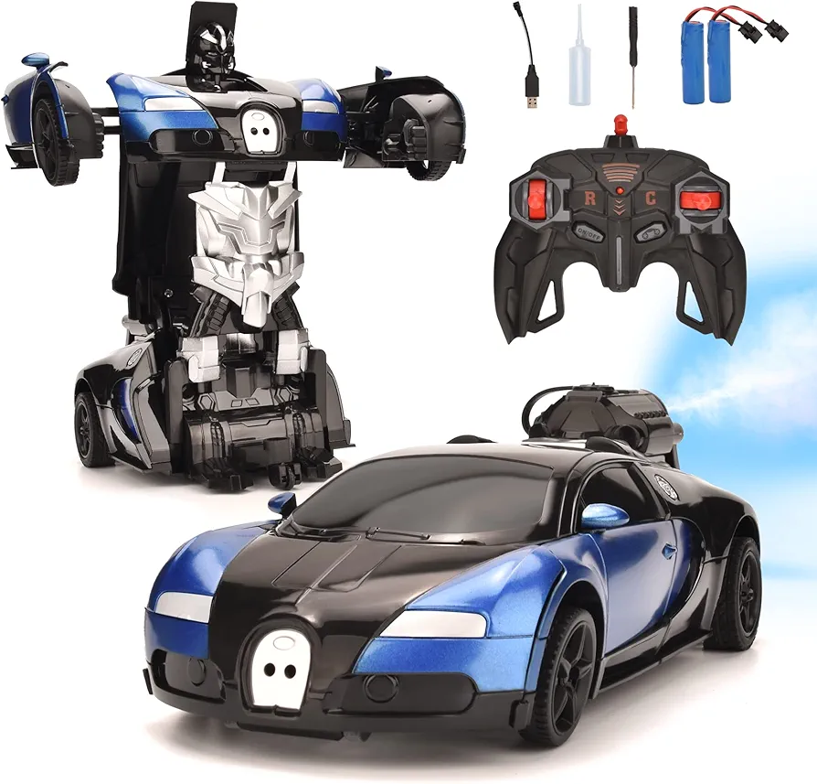 Remote Control Car Toy,Transform Robot RC Cars with Cool Spray, Rechargeable Car Toy with One-Button Deformation Rotating Drifting &Lights &Sound, for Kids Boys (Blue)