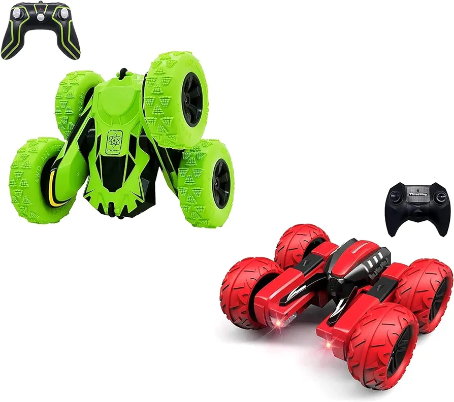 Threeking 1pc RC Stunt Car with Lights and 1pc RC Rotating Car with Lights for Kids Boys/Girls Ages 6+