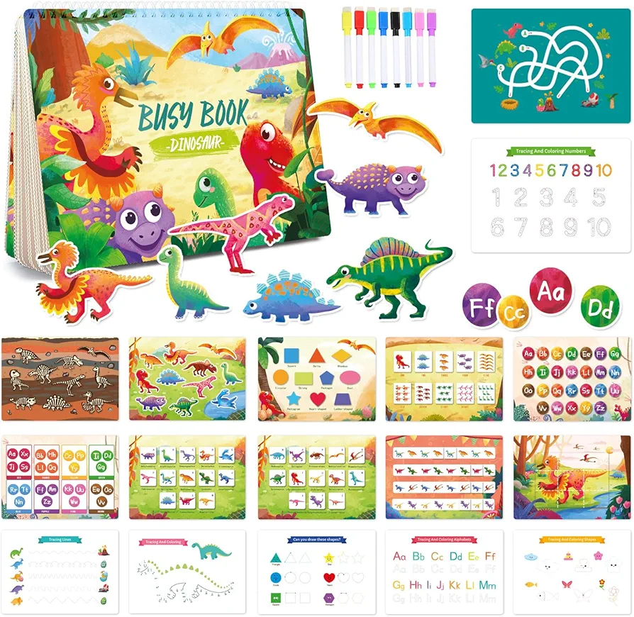 Montessori Toys for Toddlers - Dinosaur Busy Book, Early Learning Activity Book for Education and Fine Motor Function