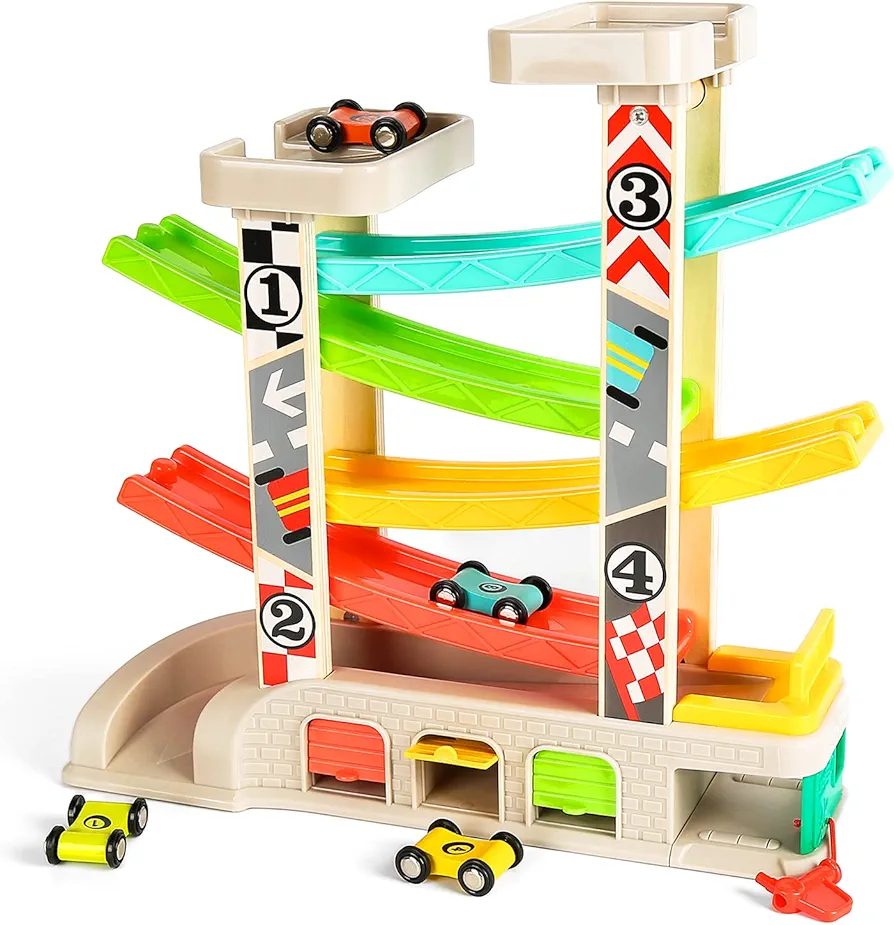 TOP BRIGHT Car Ramp Toys , Race Track Car Toy for Toddler Age 2-4 Year Old Boy with 4 Car, Parking Lot & Gas Station