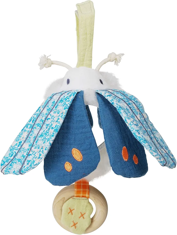 Manhattan Toy Folklore Plush Luna Moth Soft Tactile Baby Travel Toy with Crinkle Fabric Wings, Baby Mirror and Wooden Teether Ring