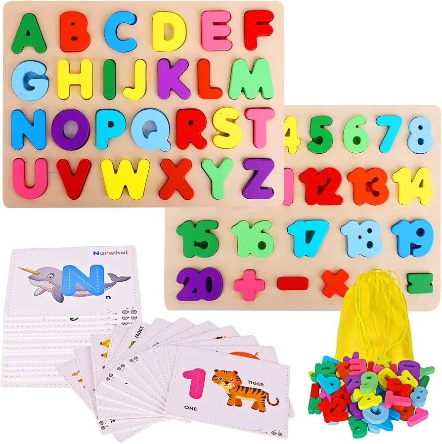 Alphabet Puzzle & ABC Wooden Puzzle Set: Number Game, Flash Cards, & Storage Bag Bundle