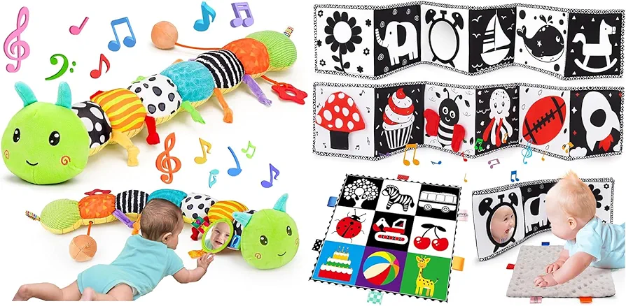 Baby Sensory Toy 0-3 Month Music Animal Stuffed Caterpillar Toy for Infant 0-3-6 Month Tummy Time with Black and White High Contrast Baby Toys 0-6-12 Months Soft Sensory Books