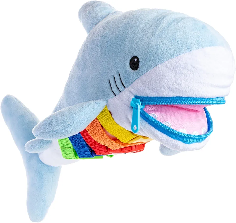 Buckle Toys - Bruce Shark Stuffed Animal - Montessori Learning Activity Travel Toy for Toddlers - Develop Motor Skills and Problem Solving