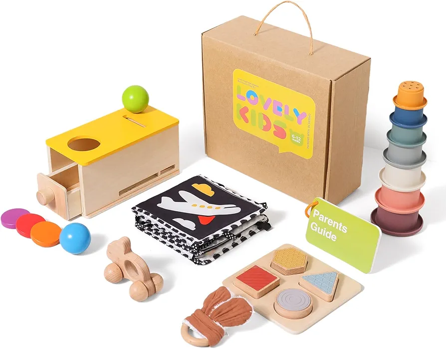 Youuys Montessori Toy Set for Babies 6-12 Months - 5-in-1 Learning Educational Play Kit for 1 year old with Ball Drop Toy, Stacking Cups, Soft Book, Teether Ring, Shape Puzzles & Wooden Car.