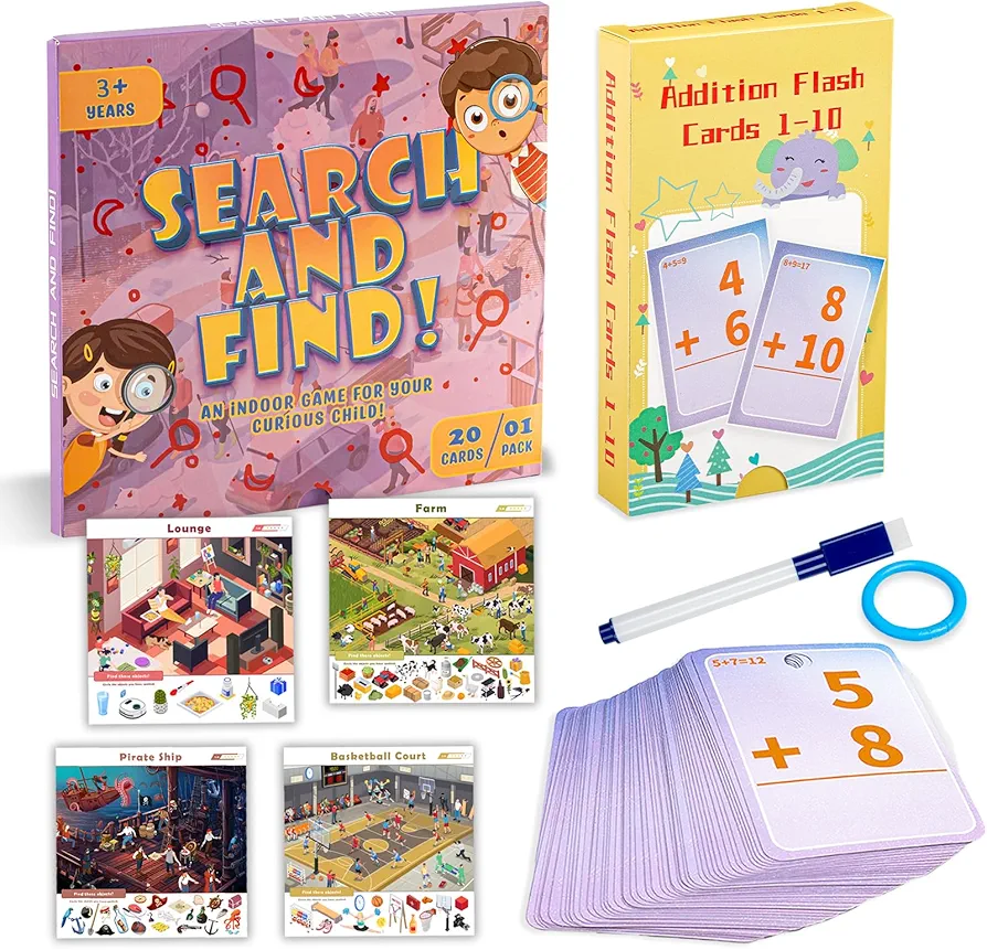 Math Addition Flash Cards for Kids Ages 4-8, Search and Find Educational Game for Kids, Early Math Education Homeschool Practice Materials for Boys Girls 1st,2nd,3rd,4th Grade